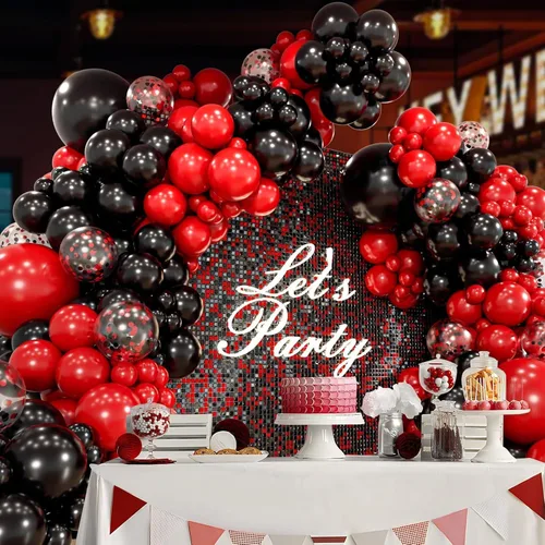 Vista 5 de Kit de guirnalda de arco de globos rojos y negros con globos de confeti negro y rojo para graduación, aniversario, San Valentín, Año Nuevo
