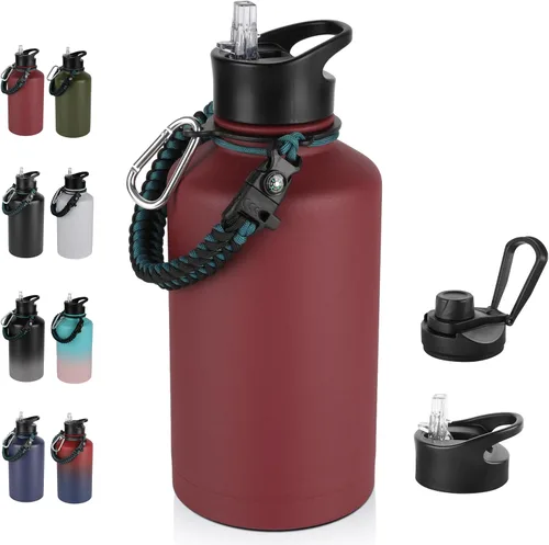Vista 68 de Botella de agua aislada de 64 onzas con tapas de pajita y boquilla, jarra de agua de acero inoxidable de medio galón con mango de paracord, vacío