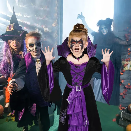 Vista 5 de ThinkMax Disfraz de bruja de cuento de hadas de Halloween para niñas vestido de bruja de Halloween negromorado