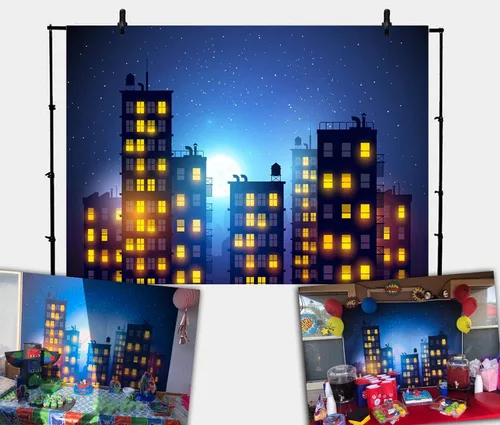 Vista 9 de Fondo de fotografía de Ciudad de superhéroes, hermoso tema de la ciudad de la luna, fondo de fondo para fiesta de cumpleaños de niños, carteles