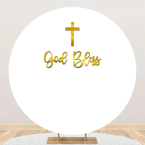 Vista 8 de Leyiyi Telón de fondo redondo de 3 x 3 pies para fotografía con texto en inglés "God Bless Bautismo" para fotografía, blanco puro, palabras doradas