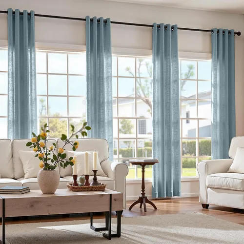 Vista 7 de Jinchan Cortinas de lino azul semitransparentes de 96 pulgadas de largo, 2 paneles para sala de estar con ojales, cortinas oscuras de lino