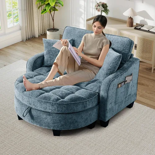 Vista 22 de Chaise Lounge Chair para interiores con puerto USB y soporte para teléfono, sillón reclinable pequeño de felpilla con otomana de almacenamiento