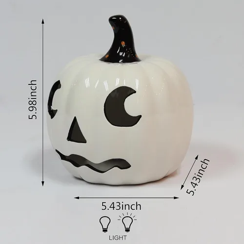Vista 4 de Midnight Manor Halloween LED iluminado cerámica Jack O Lantern batería incluida (blanco)