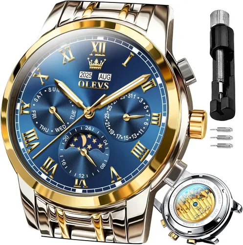 Vista 8 de OLEVS Relojes para hombre automático mecánico de cuerda automática reloj de pulsera multifunción calendario impermeable luminoso