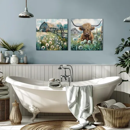 Vista 7 de YUEYARIT Decoración de pared de vaca de las tierras altas de granja en verde azulado y marrón: imagen rústica de vaca y diente de león, impresión