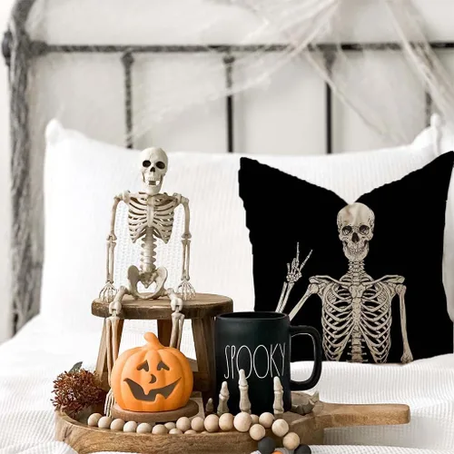 Vista 3 de PANDICORN Juego de 4 fundas de almohada de Halloween de 16 x 16 pulgadas, diseño de esqueleto de gato negro, perro, fantasma, calabaza, decoración