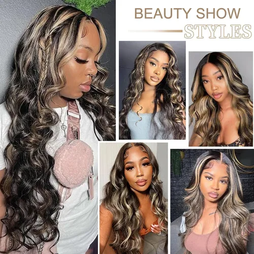 Vista 8 de Lemoda FB/27 Balayage - Pelucas de cabello humano con encaje frontal de 13 x 6 pulgadas, color degradado, ondulado, HD, transparente, encaje