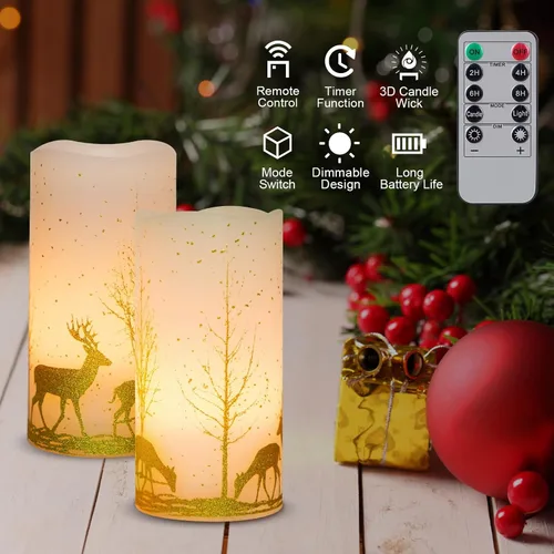 Vista 4 de 2 paquetes de velas sin llama parpadeantes LED de Navidad, velas de cera operadas por baterías con temporizador y control remoto, velas sin llama