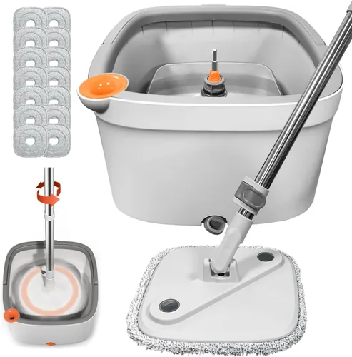 Vista 11 de Trapeador giratorio y cubo con sistema de agua sucia y limpia M16 con 2 almohadillas, cabezal de trapeador giratorio de 360° y cubo para piso