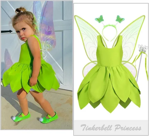 Vista 2 de Disfraz de princesa Tinkerbell para niñas, vestido de hadas del bosque con alas de Halloween, traje para bebé niña