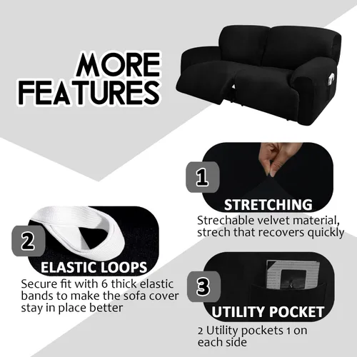 Vista 3 de ULTICOR Funda para sofá biplaza reclinable, extra ancha de 70 a 92 pulgadas, fundas de sofá reclinable elásticas de terciopelo de 6 piezas, funda