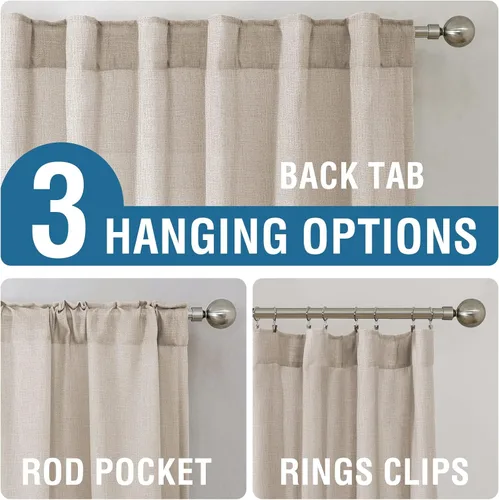 Vista 3 de H.VERSAILTEX Cortinas de lino natural de 63 pulgadas de largo para sala de estar, 2 paneles con trabillas traseras y bolsillo, texturizadas