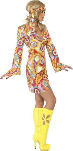 Vista 3 de Smiffys Disfraz hippy para mujer de los años 60, multicolor, con vestido y diadema