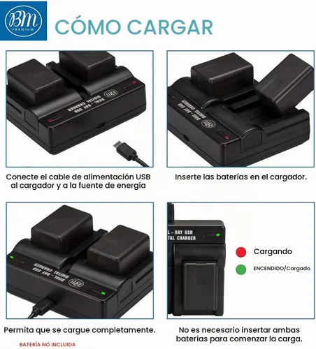 Vista 3 de BM Premium Cargador de batería dual USB VW-VBK180, VW-VBK360, VBT190, VBT380 para videocámaras Panasonic