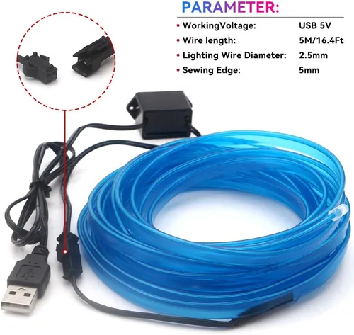 Vista 7 de Luces de cable EL para el interior del coche, luz de panel azul neón de 16 pies/5 m, tira de luz LED para coche, USB 5V, decoración