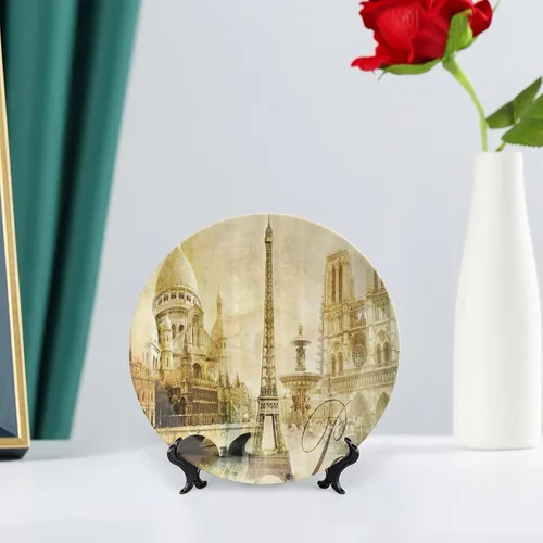 Vista 6 de Platos de cerámica, Platos de cerámica decorativos de París, paisaje antiguo, torre Eiffel Francia, lugares de interés, 6 pulgadas, para comedor