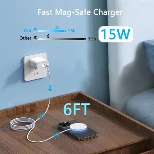 Vista 2 de Carga rápida inalámbrica magnética para iPhone [certificado Apple MFi] Almohadilla de carga inalámbrica de 6 pies con iPhone 17 USB C bloque