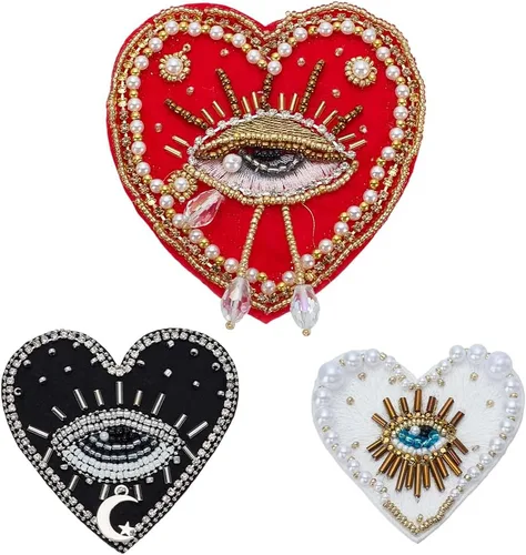Vista 11 de INFUNLY Parches de diamantes de imitación con cuentas de corazón a mano, parches bordados para coser en parches de corazón de cristal para ropa
