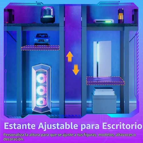 Vista 8 de Escritorio pequeño para juegos de 40 pulgadas con estantes de tablero de clavijas, escritorios para computadora con luces LED, tomas de corriente