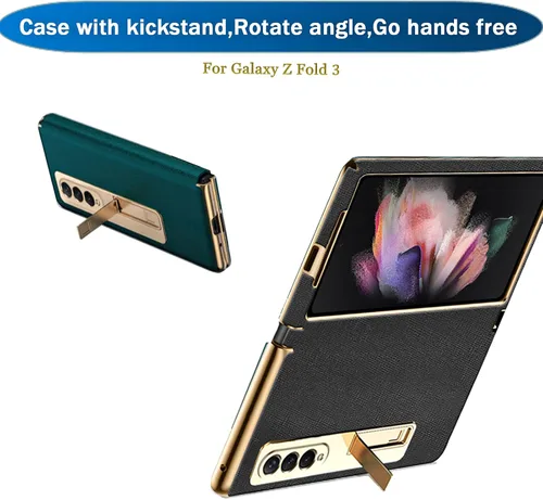 Vista 6 de Ninki Funda de cuero para Galaxy Z Fold 3 con función atril, color negro, cuero de lujo con PC a prueba de golpes y soporte de anillo protector