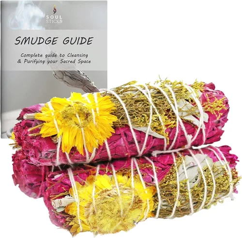 Vista 13 de SOUL STICKS Paquete de 3 barras de salvia blanca floral con flores para limpiar el hogar, meditación, yoga, curación y manchas, California de origen