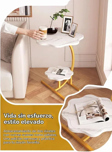 Vista 4 de Mesa auxiliar pequeña en forma de C con textura de mármol en forma de flor de 2 capas, mesa auxiliar para sofá, mesita de noche para sala de estar