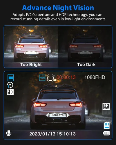 Vista 13 de Cámara de tablero frontal y trasera, cámara de tablero 1080P para automóviles, cámara de automóvil de 3 canales frontal trasera e