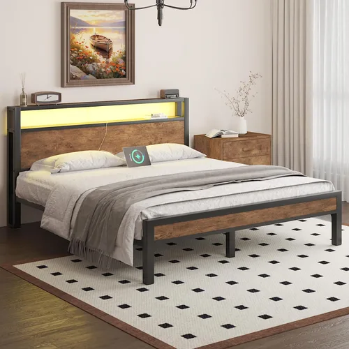 Vista 22 de LOEWAY Base de cama tamaño Queen con cabecero de almacenamiento y luces LED, color gris