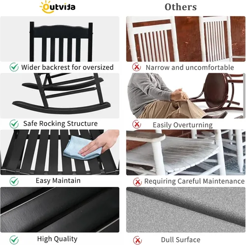 Vista 6 de Outvita Mecedora al aire libre, mecedora de madera maciza con respaldo alto Negro