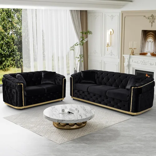 Vista 7 de Sofá Chesterfield de terciopelo de 62.5 pulgadas con respaldo copetudo y detalles dorados, beige Blanco