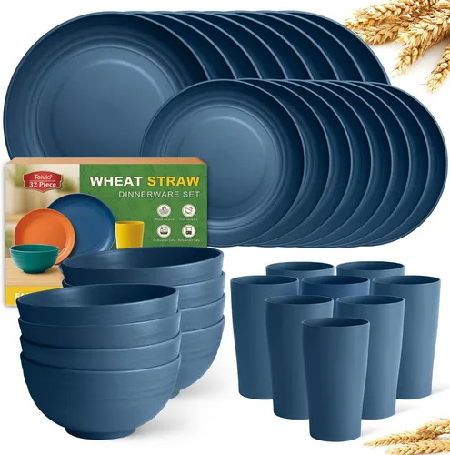 Vista 10 de Teivio Juego de vajilla de plástico de paja de trigo de 32 piezas para cocina, servicio para 8, platos, cuencos y tazas irrompibles, vajilla