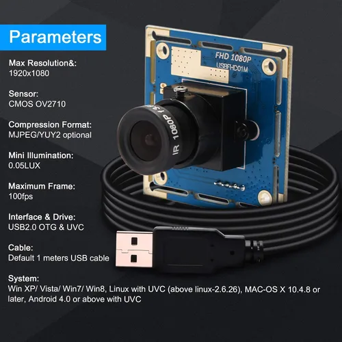 Vista 2 de Módulo de cámara USB 1080P gran angular de alta velocidad 0.142 in lente PC cámara para computadora Mini UVC USB2.0 Lightburn Cámara OV2710 Cámara