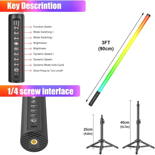 Vista 6 de LUXCEO Paquete de 2 barras de luz de tubo RGB (2.8 pies) con soporte, varilla de luz LED de video alimentada por batería para DJ y fotografía