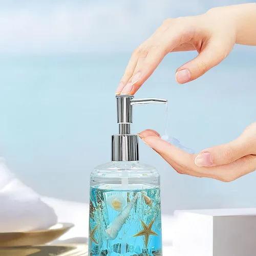 Vista 3 de Dispensador de jabón FONMY con bomba de acrílico con concha marina natural dispensador de jabón de manos hecho a mano para baño, dispensador