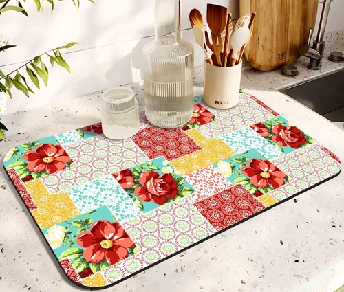 Vista 20 de Tapete de secado de platos para encimera de cocina, 20 x 12 pulgadas, lavable, almohadilla de secado rápido de platos, parte trasera de goma Flores