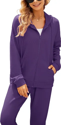 Vista 4 de AUXDIO Conjunto deportivo de 2 piezas para mujer, casual, con cremallera, sudadera con capucha y pantalón largo