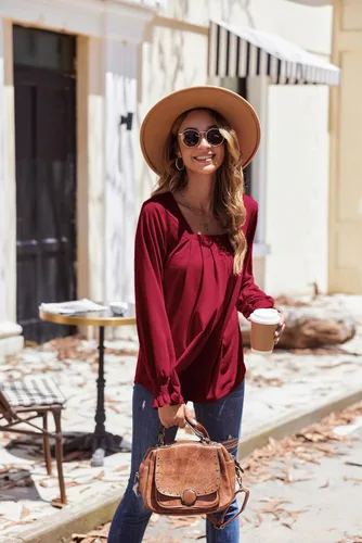 Vista 4 de Zeagoo Camisas de manga larga para mujer, cuello cuadrado, plisadas, blusas de moda de ajuste holgado, tallas S-2XL