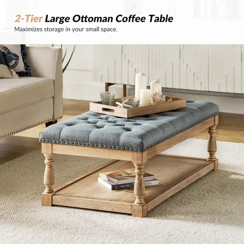 Vista 4 de HULALA HOME - Mesa de café otomana rectangular con bandeja, otomana acolchada para sala de estar con estante de almacenamiento de madera maciza, azul