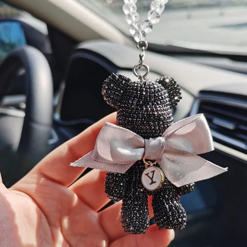 Vista 3 de Bonitos accesorios colgantes para espejo retrovisor de oso con brillantes, ornamentos colgantes brillantes, dijes de oso con diamantes para espejo