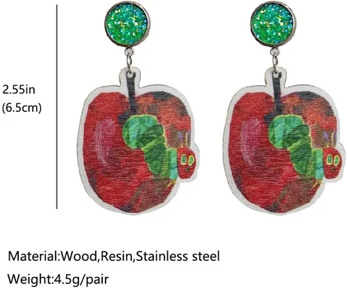 Vista 3 de Aretes colgantes de oruga hambrienta de madera para mujeres, adolescentes, niñas, profesores, estudiantes