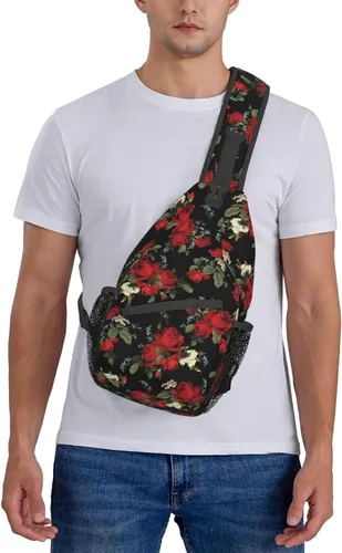 Vista 7 de Junong Bolso bandolera bandolera para viajes, senderismo, pecho, mochila deportiva para mujeres y hombres, Patrón floral de rosas rojas
