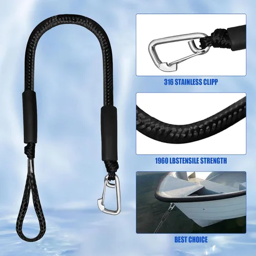 Vista 3 de 4 líneas de muelle elástico, líneas de barco elástico de 2 pies con cuerda de amarre de clip inoxidable 316 para muelle, kayak, embarcación