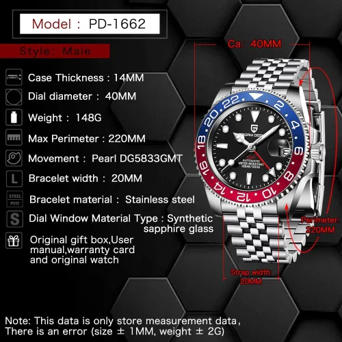 Vista 6 de CADISEN Pagani Design 1662 GMT Reloj mecánico automático para hombre, acero inoxidable, cristal de zafiro, buzo, deportivo, 1.575 in, fecha, 328.1