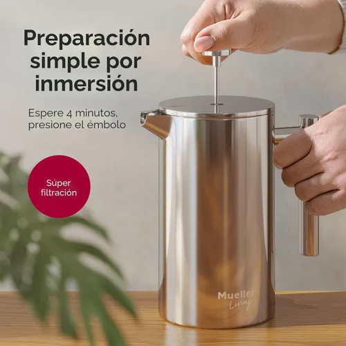 Vista 4 de Prensa francesa de doble pared, de acero inoxidable, con acabado de espejo (34 oz) 20% más resistente para café/té: Sistema multipantalla 100% sin