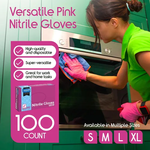Vista 2 de Inspire Guantes desechables sin látex Guantes de nitrilo rosa para peluquería y uñas, guantes desechables de nitrilo esteticista