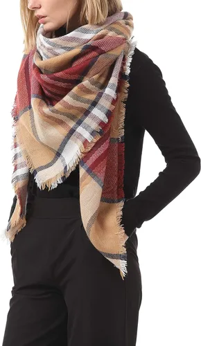 Vista 3 de Bufanda clásica de otoño e invierno para mujer, bufanda a cuadros con borlas, cálida, suave, gruesa, grande, bufandas