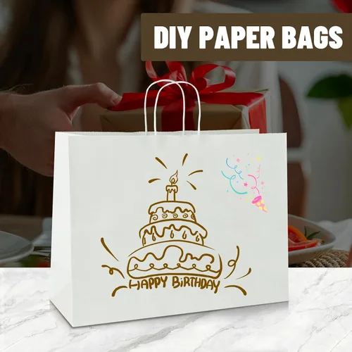 Vista 6 de bagmad Paquete de 50 bolsas grandes de papel kraft blanco de 16 x 6 x 12 pulgadas con asas a granel para compras, bodas, comestibles, mercancías al
