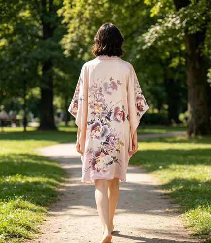 Vista 3 de Pijama de seda 100% para mujer, batas de baño de seda para mujer, batas de kimono de seda, batas de baño con mangas de muñeca, estampado floral