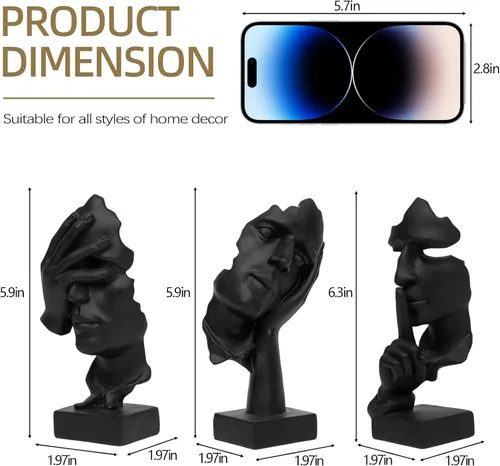 Vista 5 de aboxoo 3 piezas Estatua del pensador, Figura de arte abstracto El silencio es oro, Esculturas modernas de resina No oír, No ver, No hablar